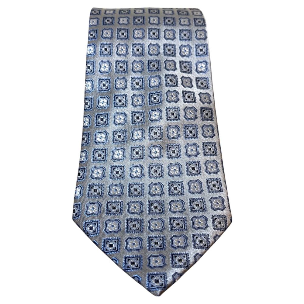 Burma Bibas Silk Tie Silver Blue Geometric Square Pattern Formal Business